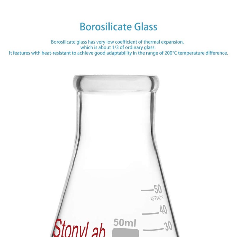 stonylab 1-Pack Glass 50 ml Heavy Wall Narrow Mouth Erlenmeyer Flasks with Heavy Duty Rim - (50ml Fits with 4# Rubber Stopper) - Image 3